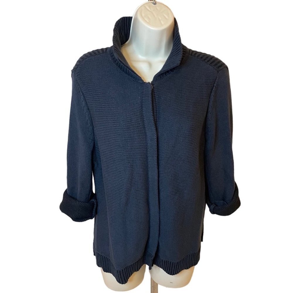 CAbi Mock Neck Rolled Sleeve Navy Snap Button Cardigan Sz M